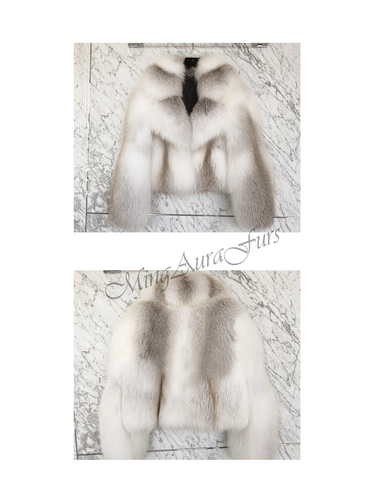 Front view of trendy short real fox fur jacket in fawn light color