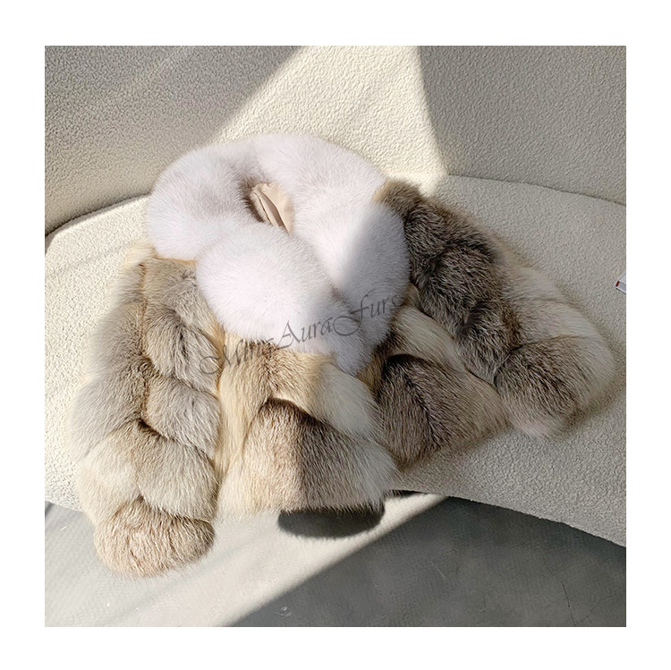 Elegant urban style white and fawn fox fur short coat front view