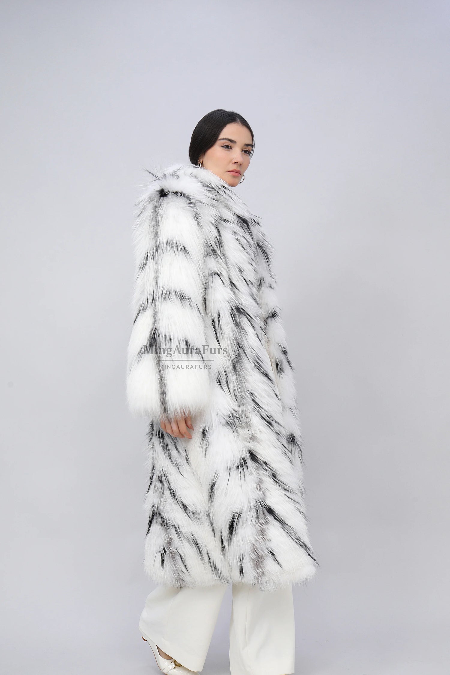 Women's Real Fox Fur Coat - Arctic Marble Fox and Silver Fox Dyed Black - B001