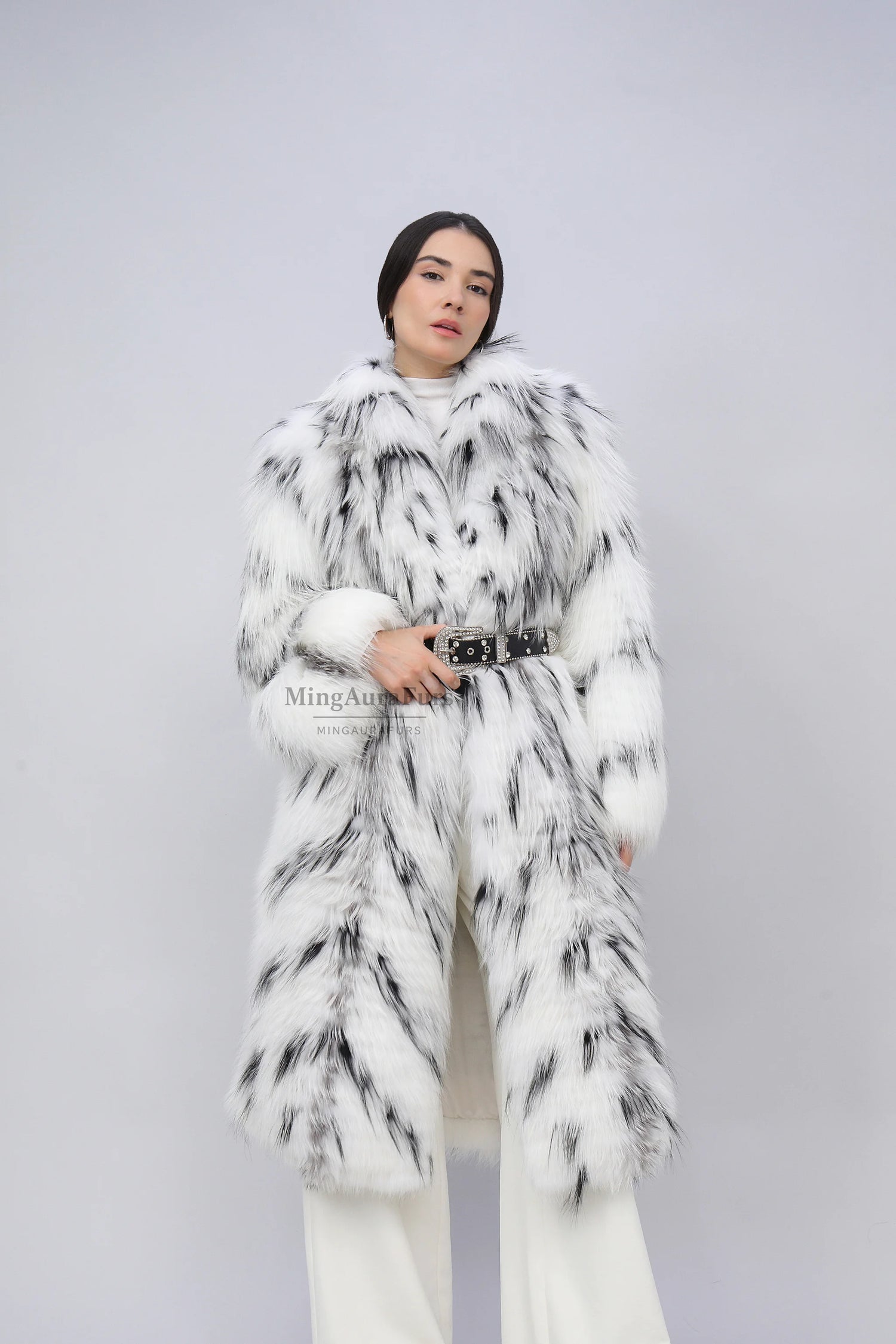 Women's Real Fox Fur Coat - Arctic Marble Fox and Silver Fox Dyed Black - B001