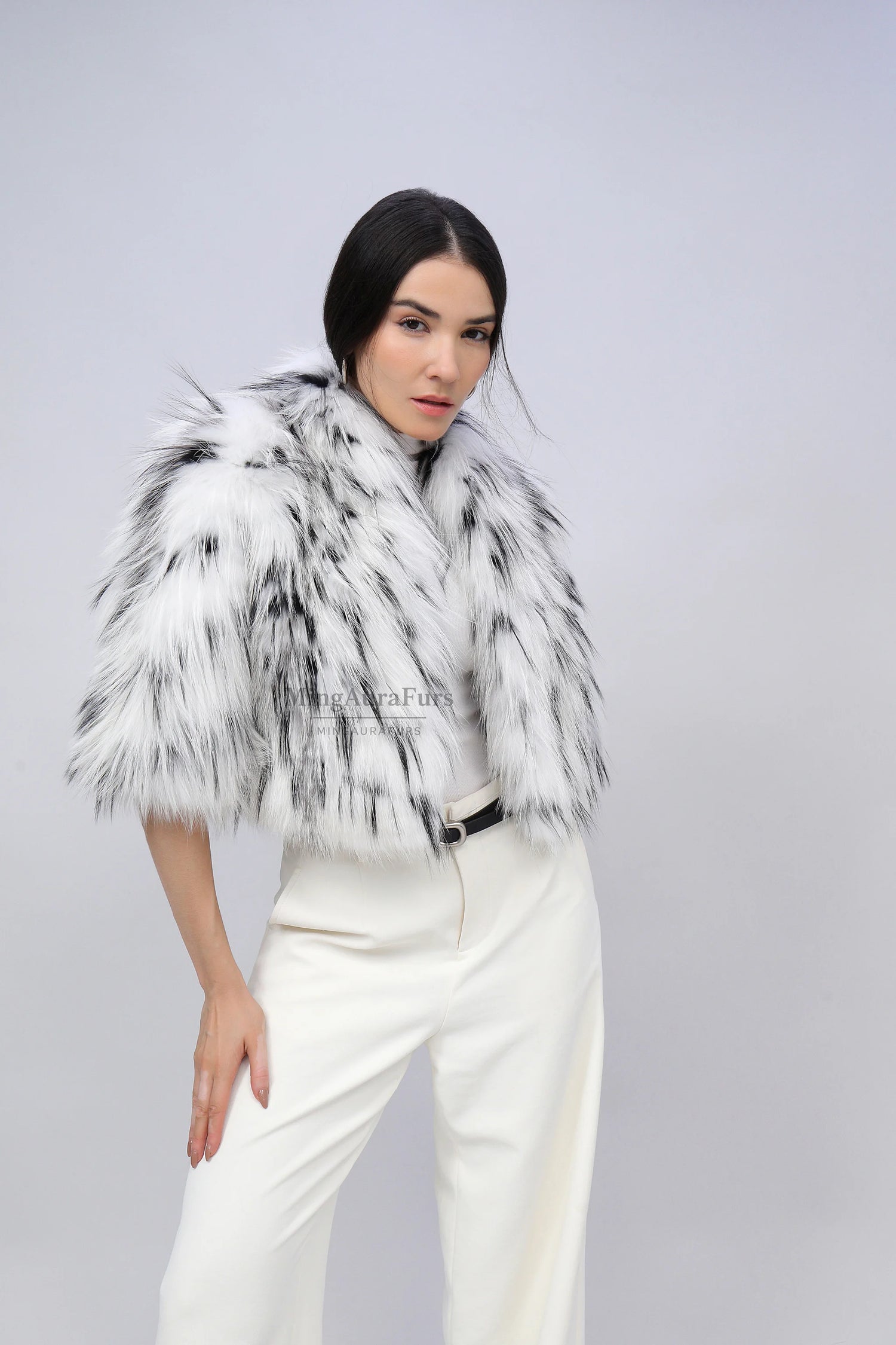 Women's Genuine Fox Fur Coat - Arctic Marble Fox and Silver Fox Dyed Black - A001