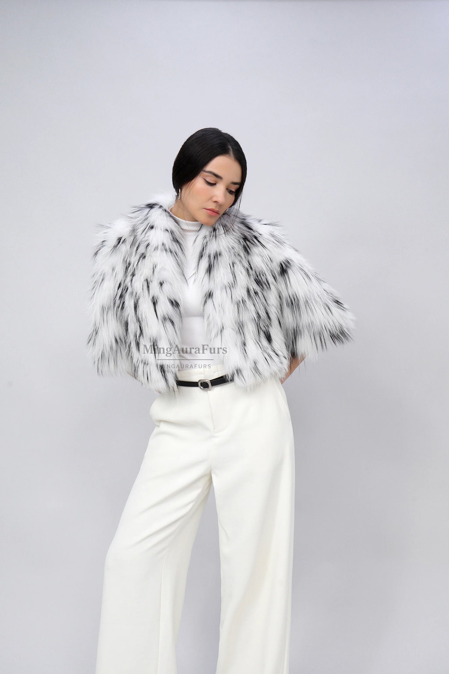 Women's Genuine Fox Fur Coat - Arctic Marble Fox and Silver Fox Dyed Black - A001