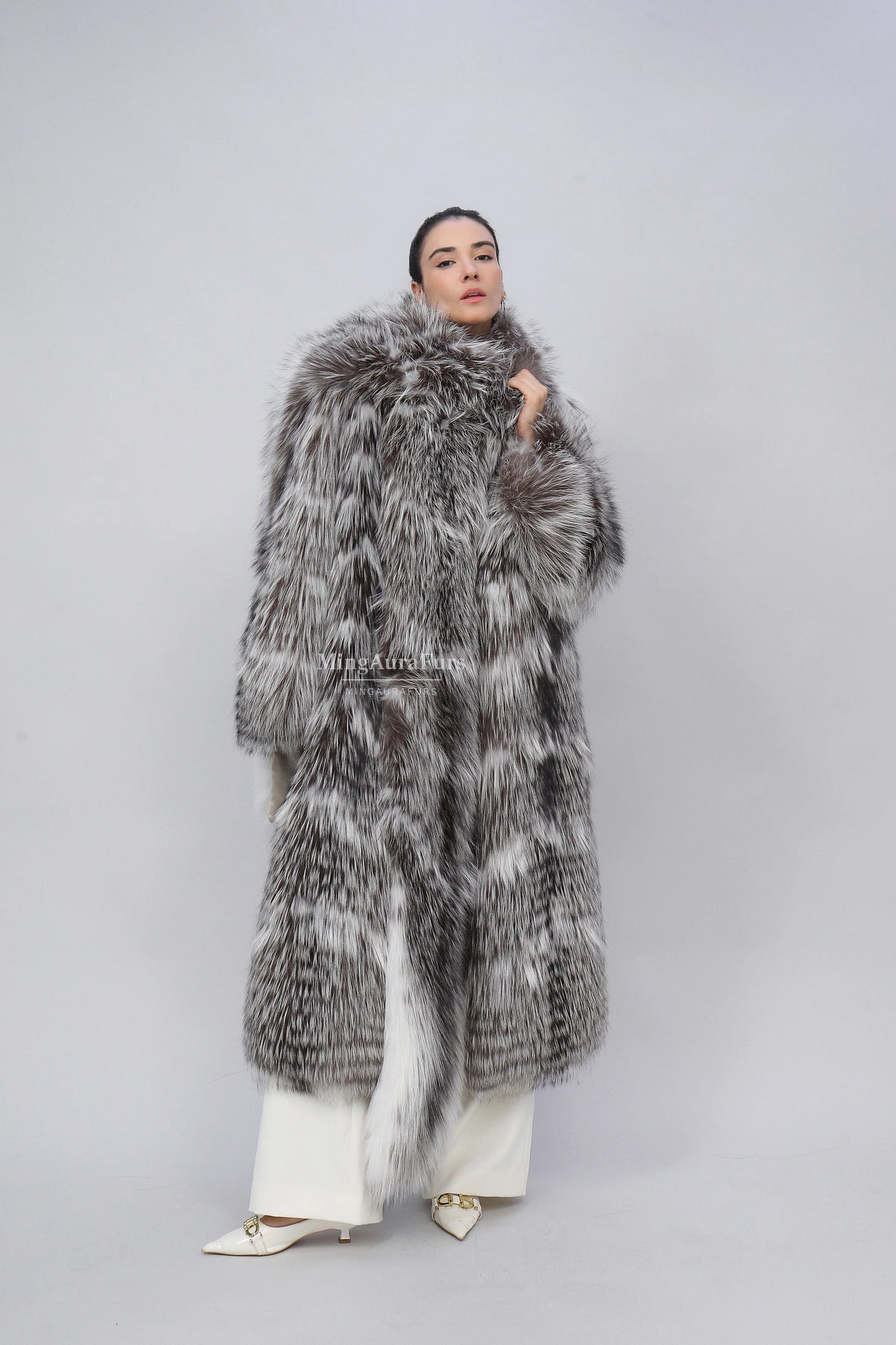 Women's Real Fox Fur Coat - Silver Fox and Arctic Marble Fox -Scarf Not Included - B002