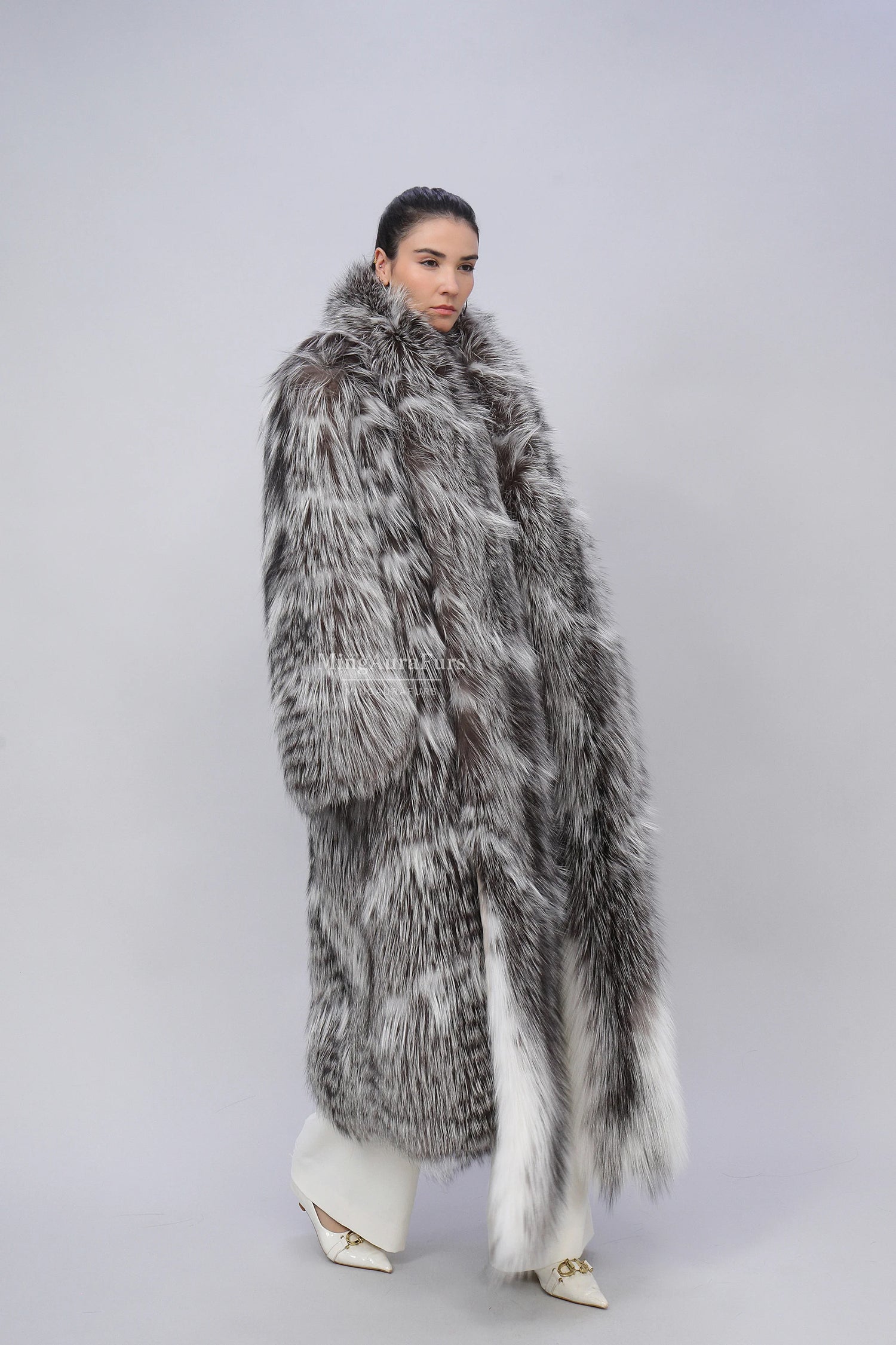 Women's Real Fox Fur Coat - Silver Fox and Arctic Marble Fox -Scarf Not Included - B002