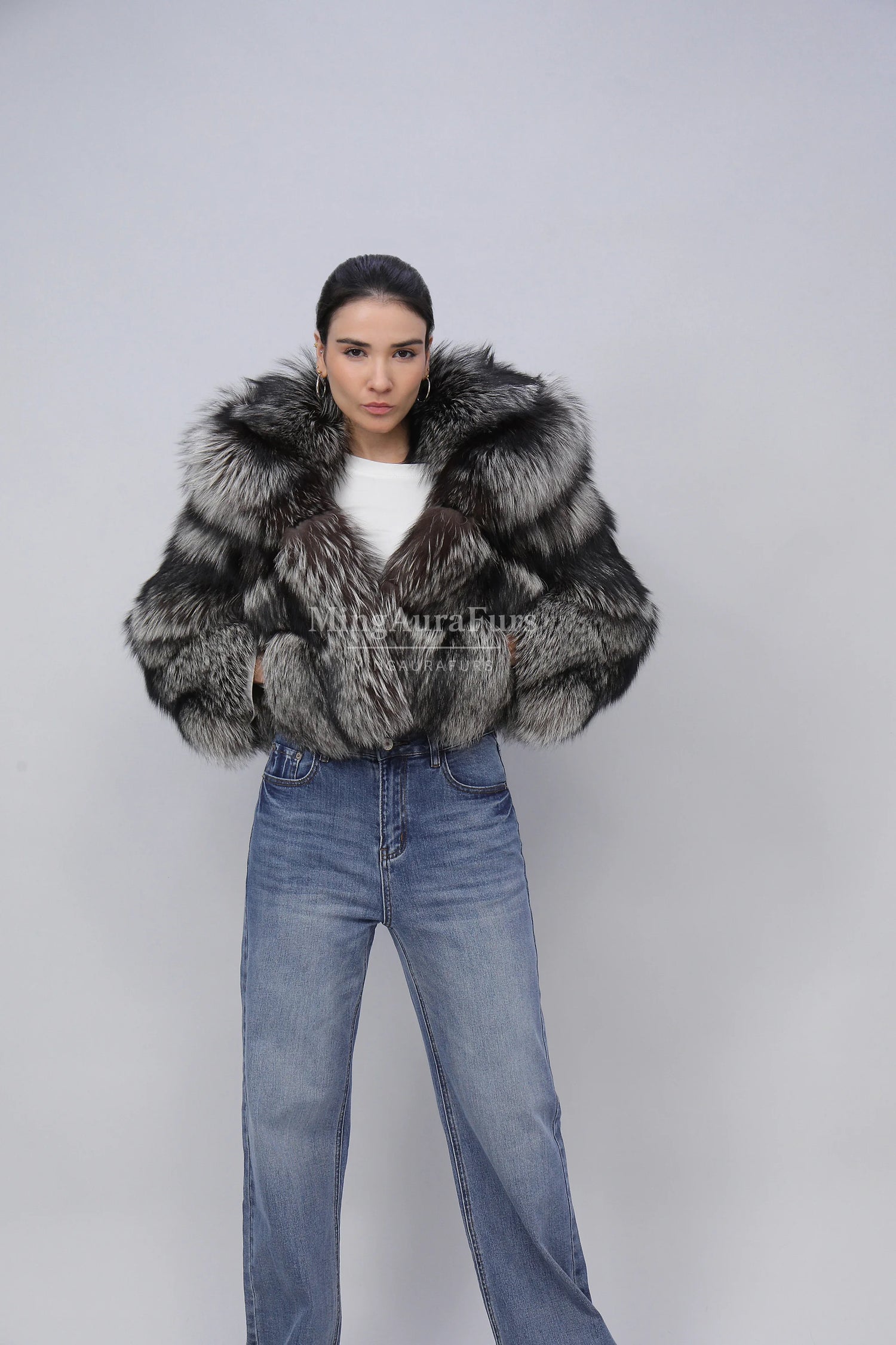 Women's Genuine Fox Fur Coat - Hooded Sliver Fox Coat- B007