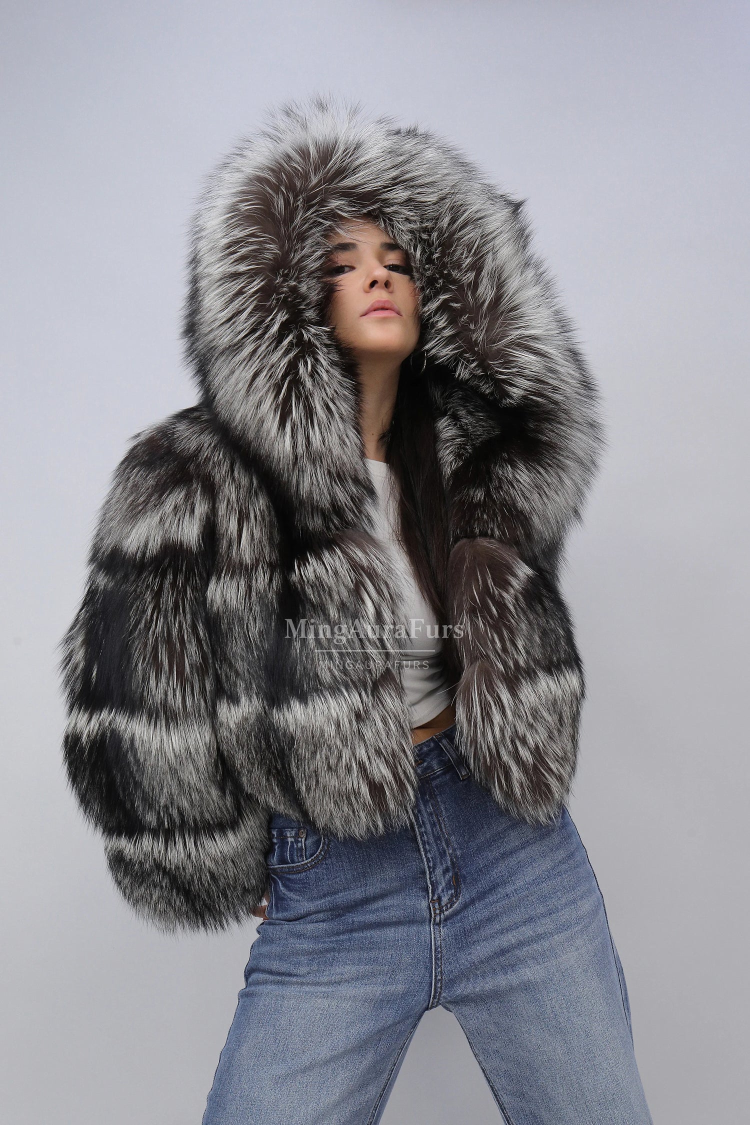 Women's Genuine Fox Fur Coat - Hooded Sliver Fox Coat- B007