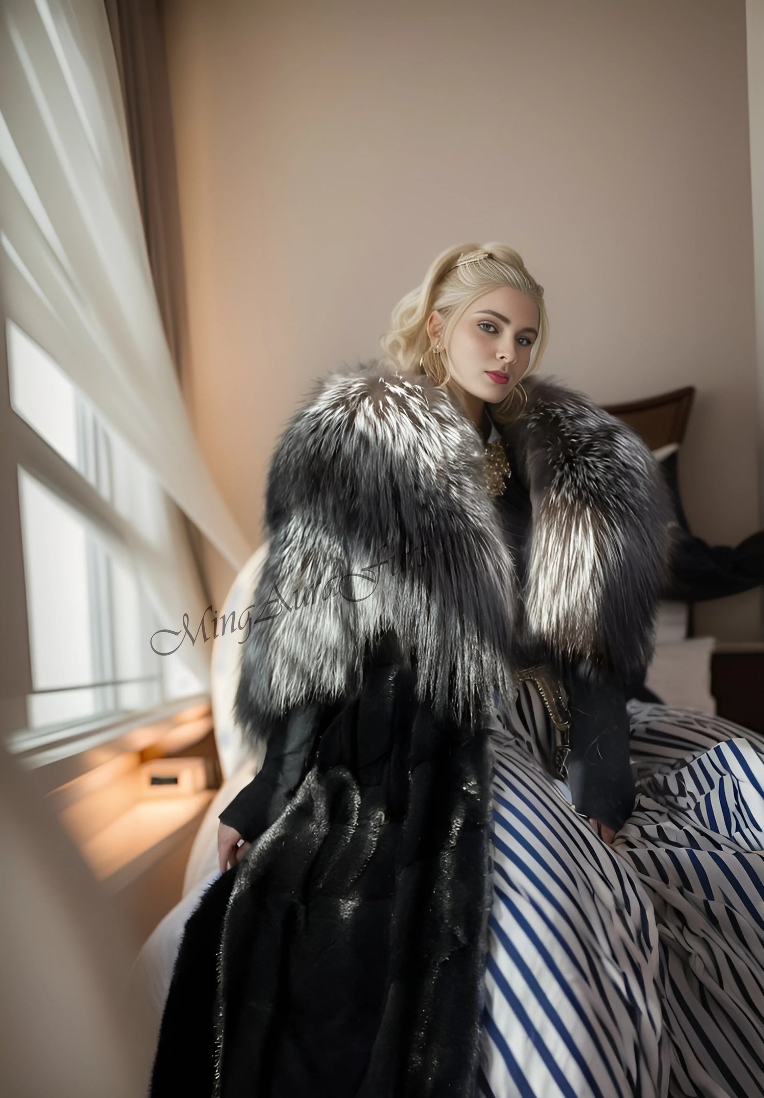 Women's Mink Fur Coat with Fox Fur Collar - Silver Fox and Mink - G0026