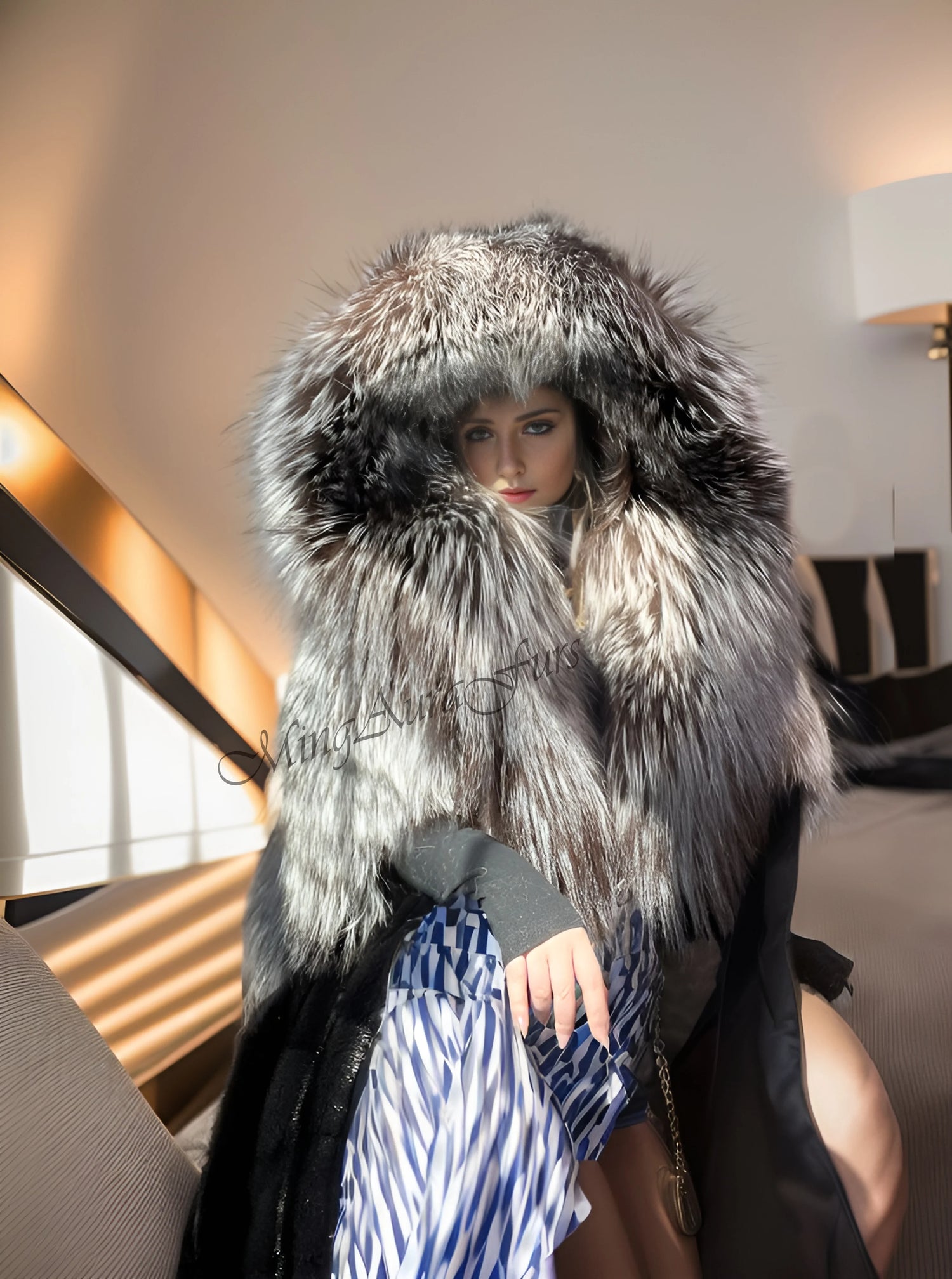 Women's Mink Fur Coat with Fox Fur Collar - Silver Fox and Mink - G0026