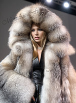Women's real fox fur coat with oversized hood – G0057, long full-pelt amber frost style