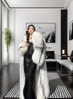 Women's long fox fur coat in arctic marble – G0056, real full-skin fur