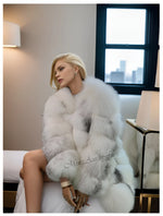 Women's mid-length real fox fur coat in arctic marble frost color – G0017