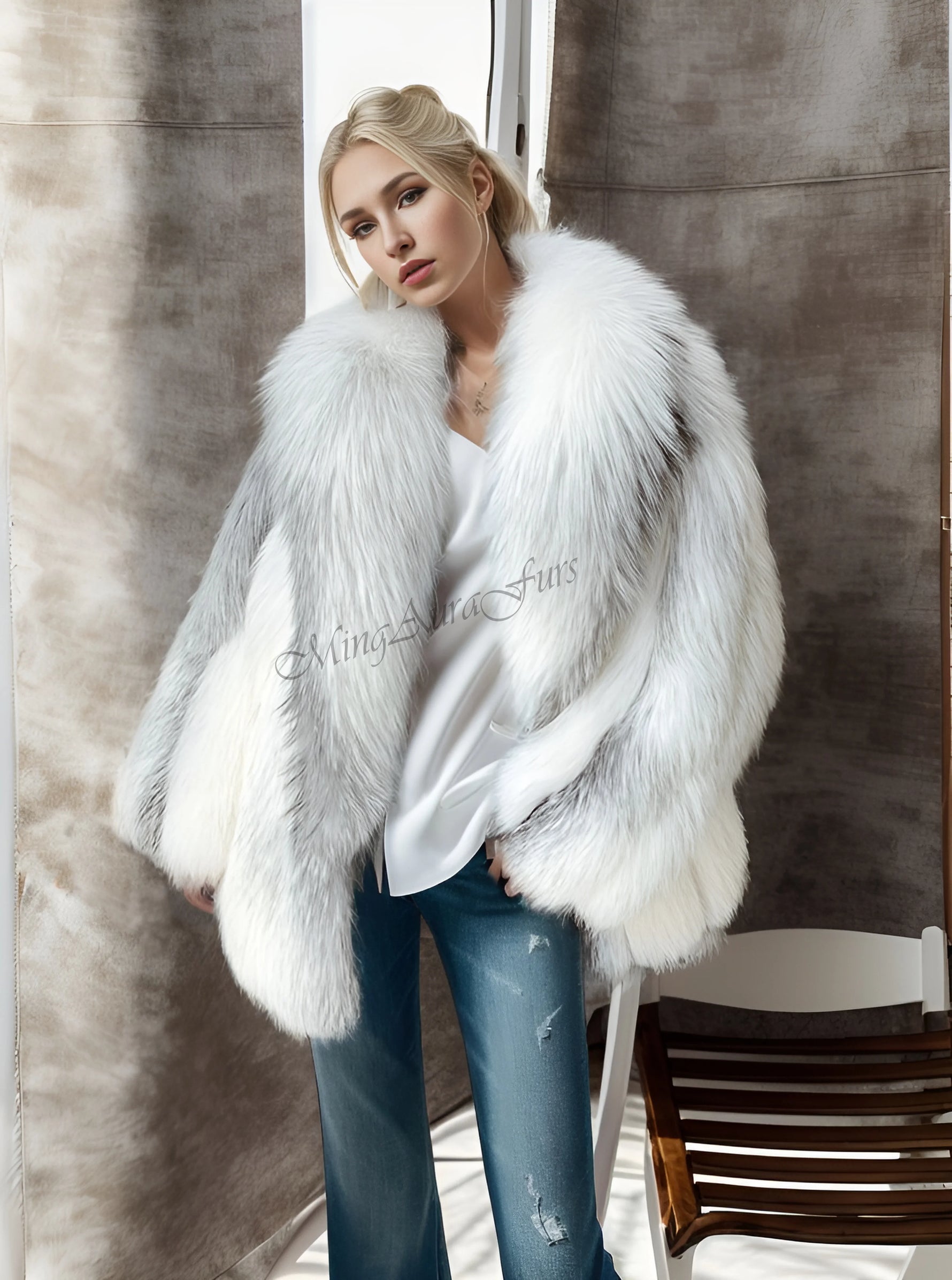 Women's mid-length real fox fur coat with large fur collar in arctic marble frost color Close-up of dense and soft – G0016