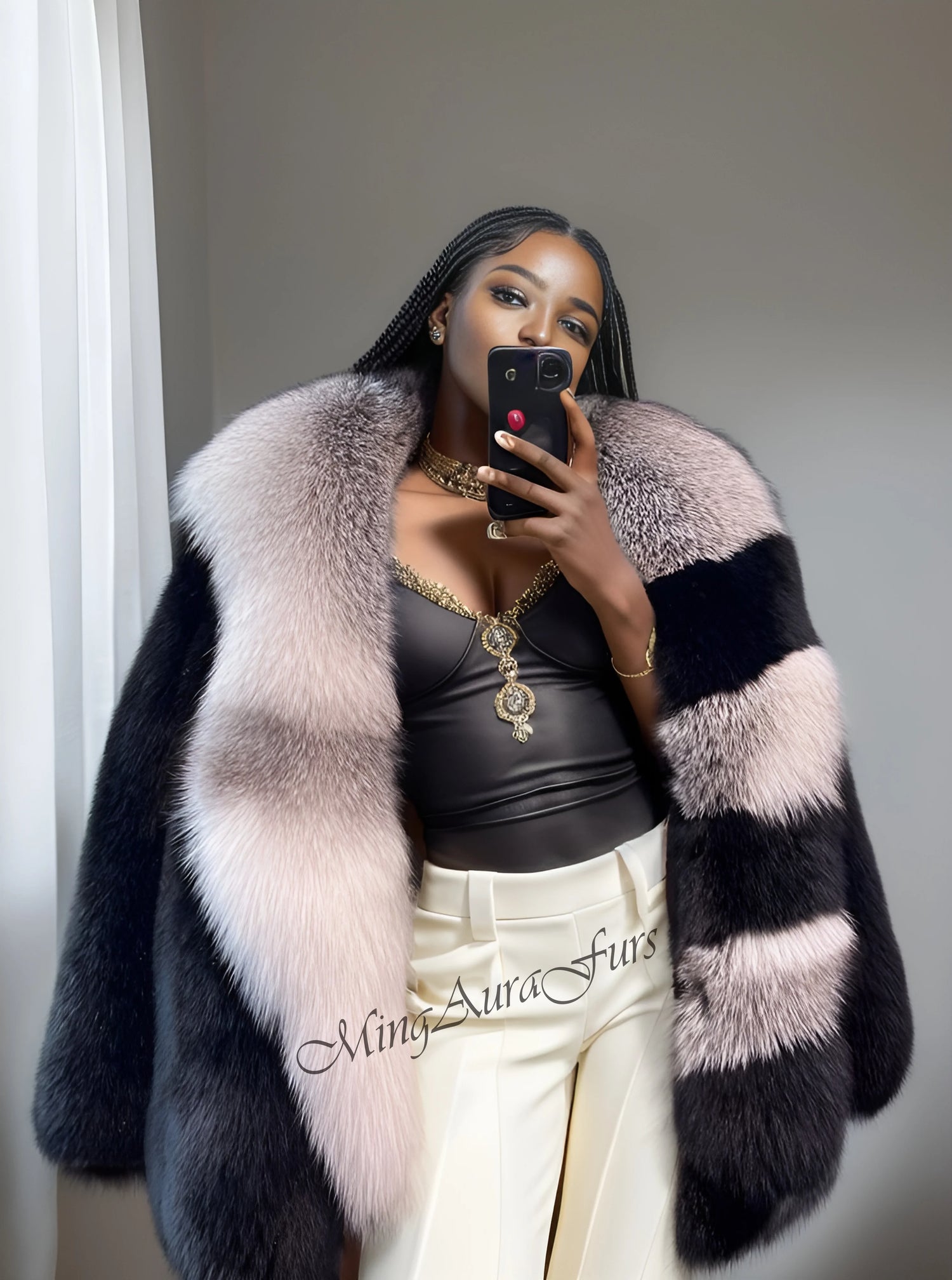 Women's black fox fur coat with unique fur collar – G0027