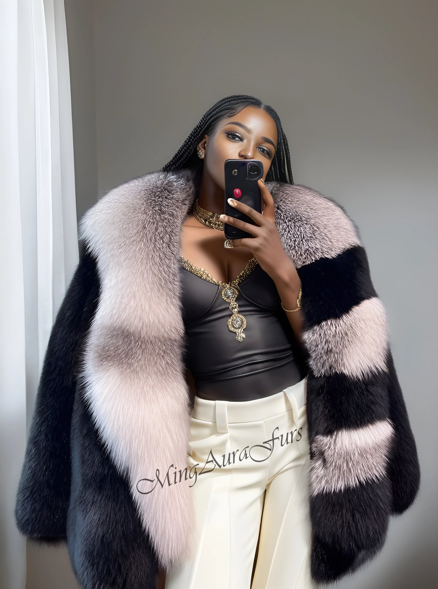 Women's black fox fur coat with unique fur collar – G0027
