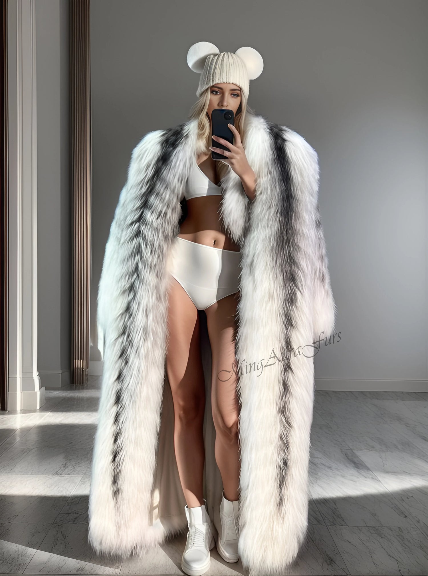 Long black and white real fox fur coat for women – dramatic runway style