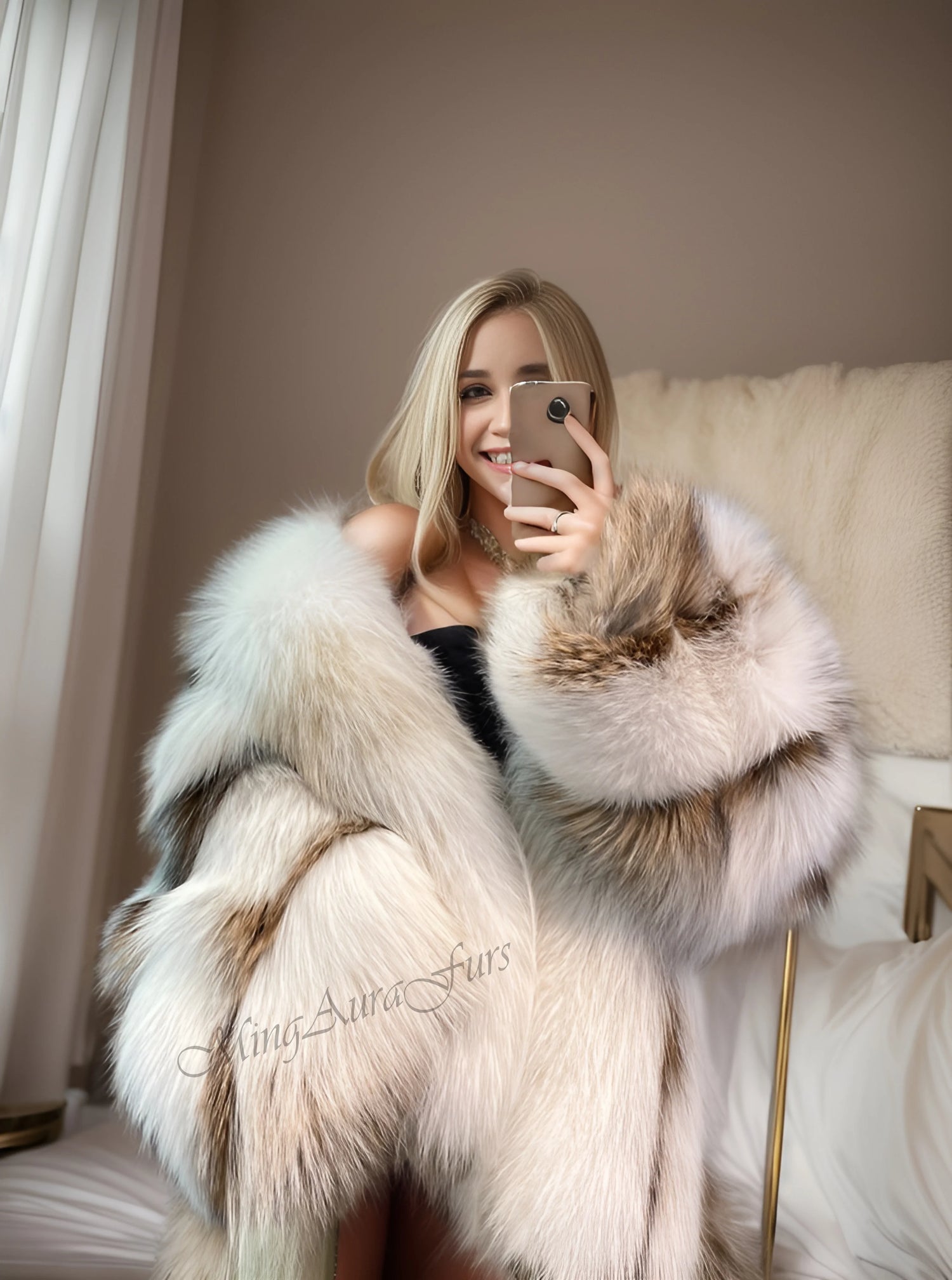 Elegant winter outfit featuring oversized sun glo fox fur coat