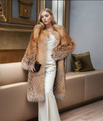 Women's real fire gold fox fur material long evening coat – G0029, panel-cut craftsmanship and soft long-pile texture