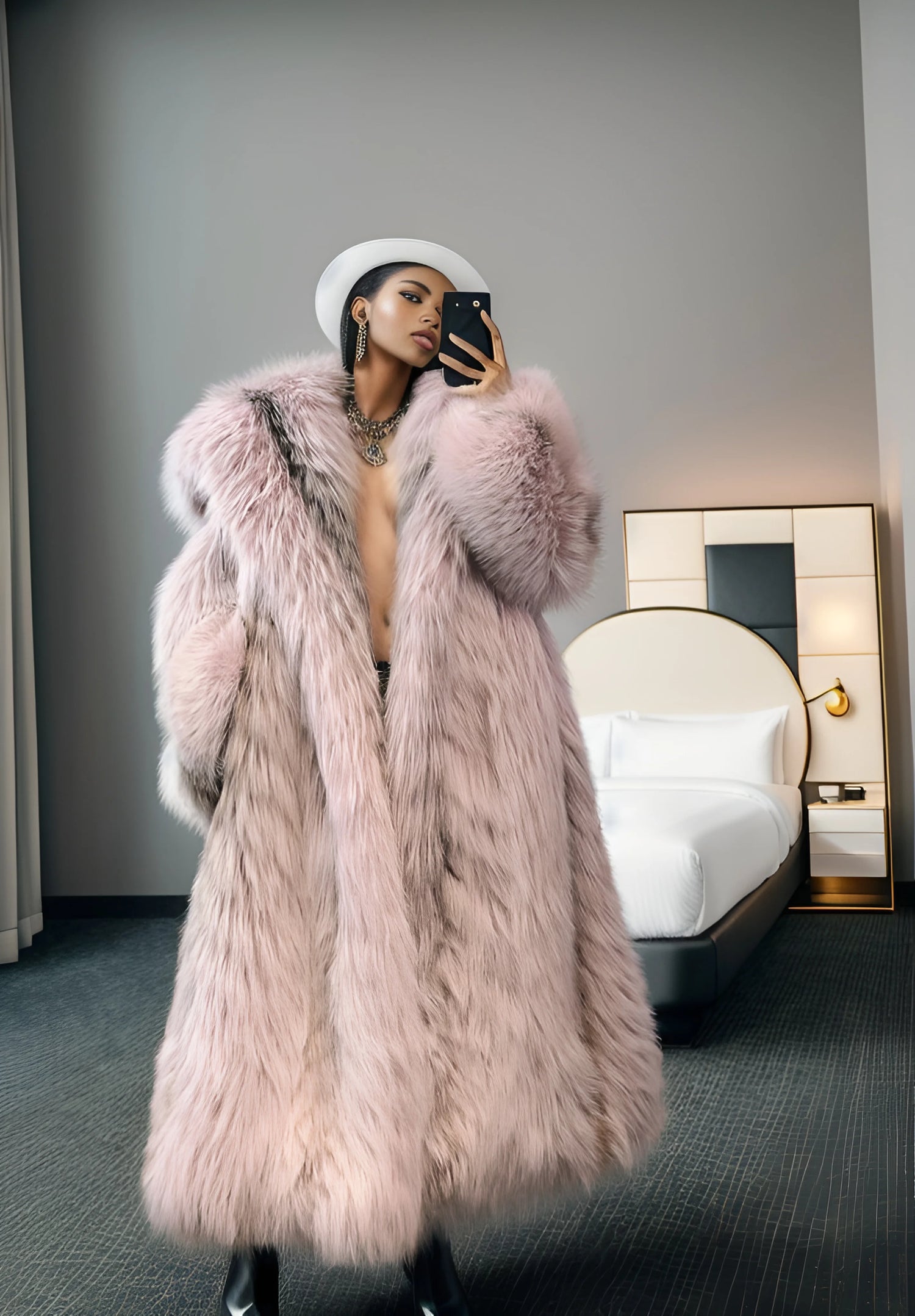 Front view of floor-length baby pink real fox fur coat with oversized fit Close-up of soft long hair