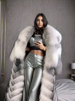 Women's floor-length shadow blue real fox fur coat with large collar – G0013