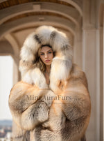 Long Golden Island Fox fur hooded coat for women
