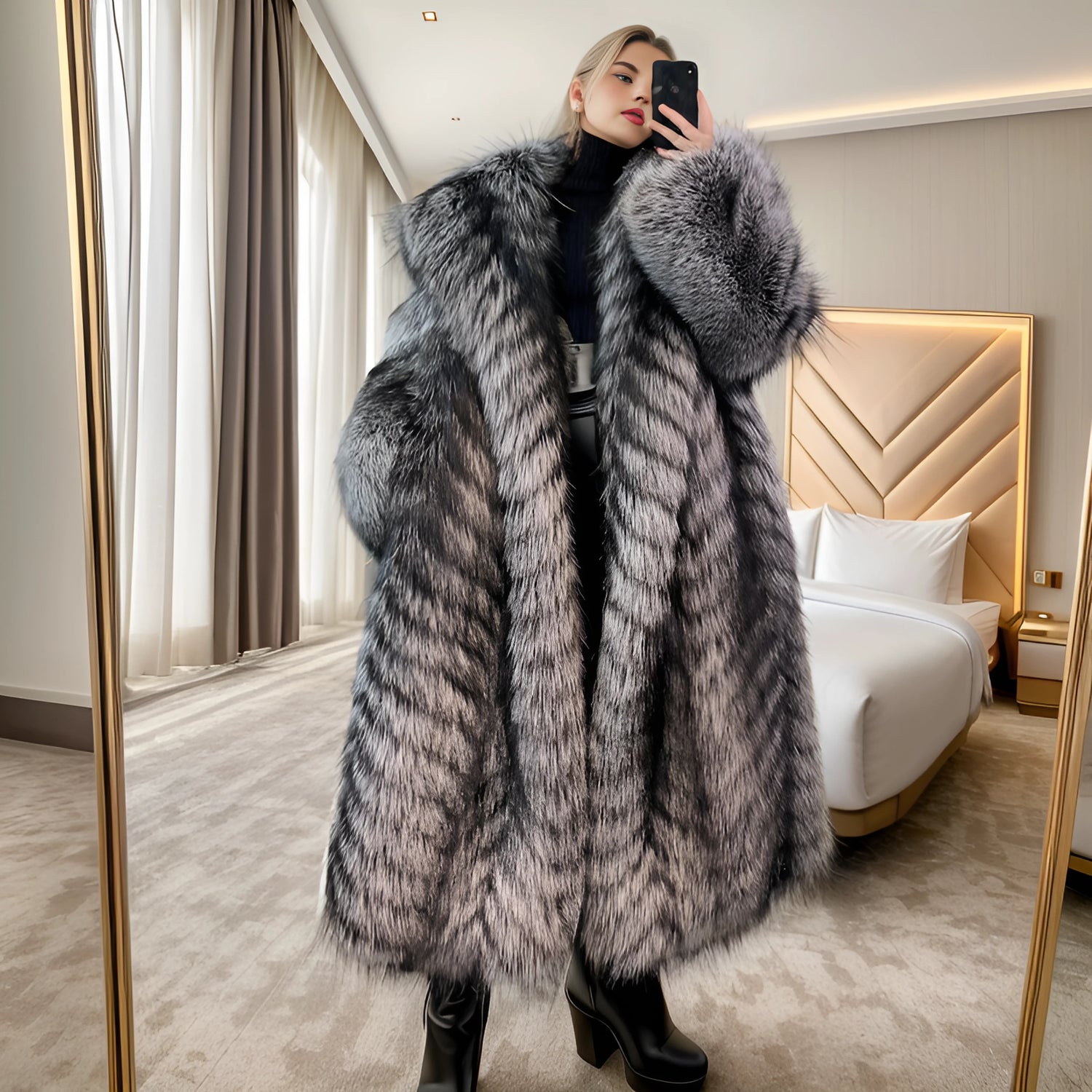 Front view of majestic silver fox fur coat with voluminous oversized hood – floor-length design