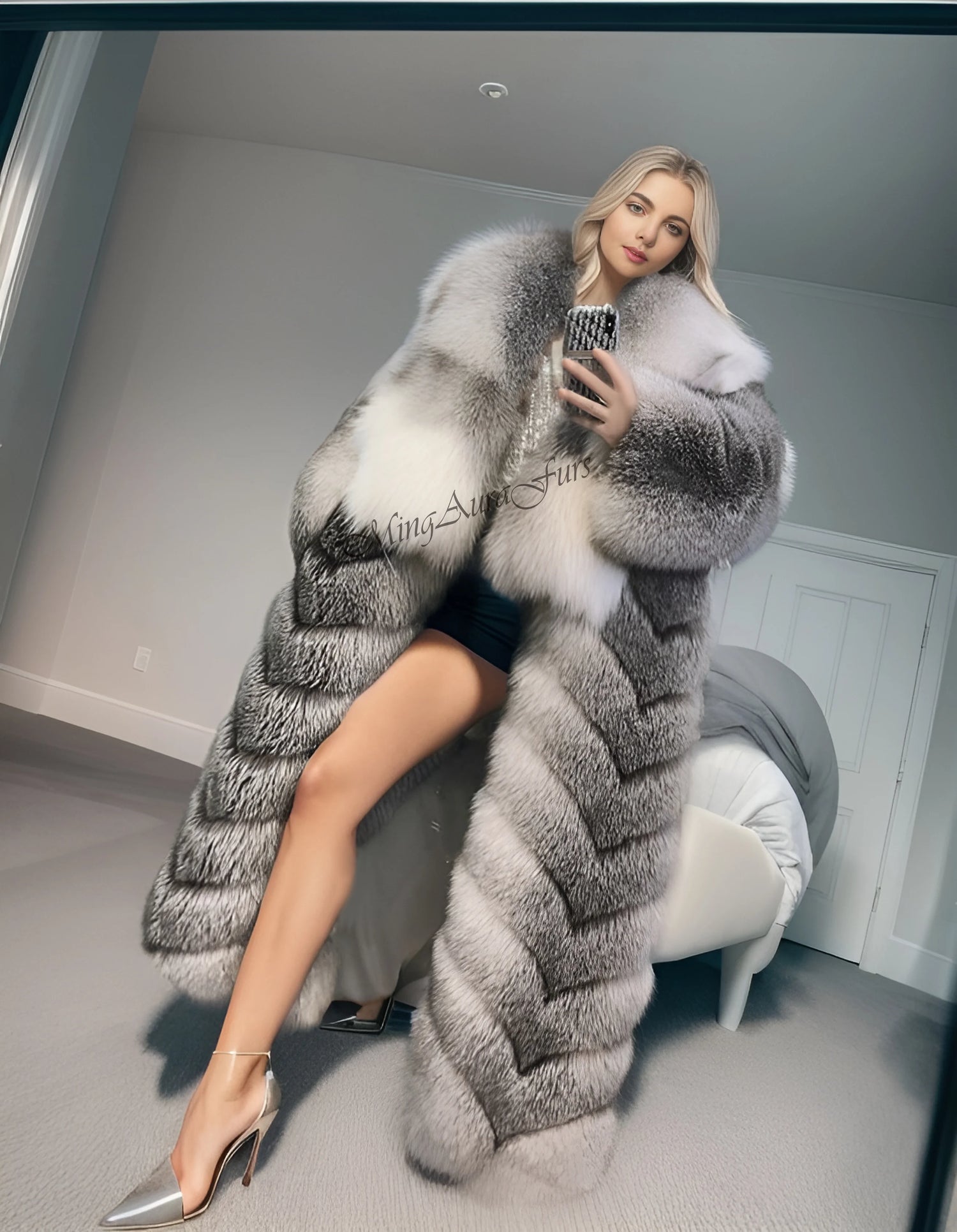 Back view of long soft real fox fur coat with designer style Close-up of striped shadow blue frost fox fur material
