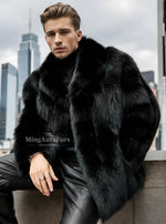 Men's black and blue real fox fur coat – M806, long winter design