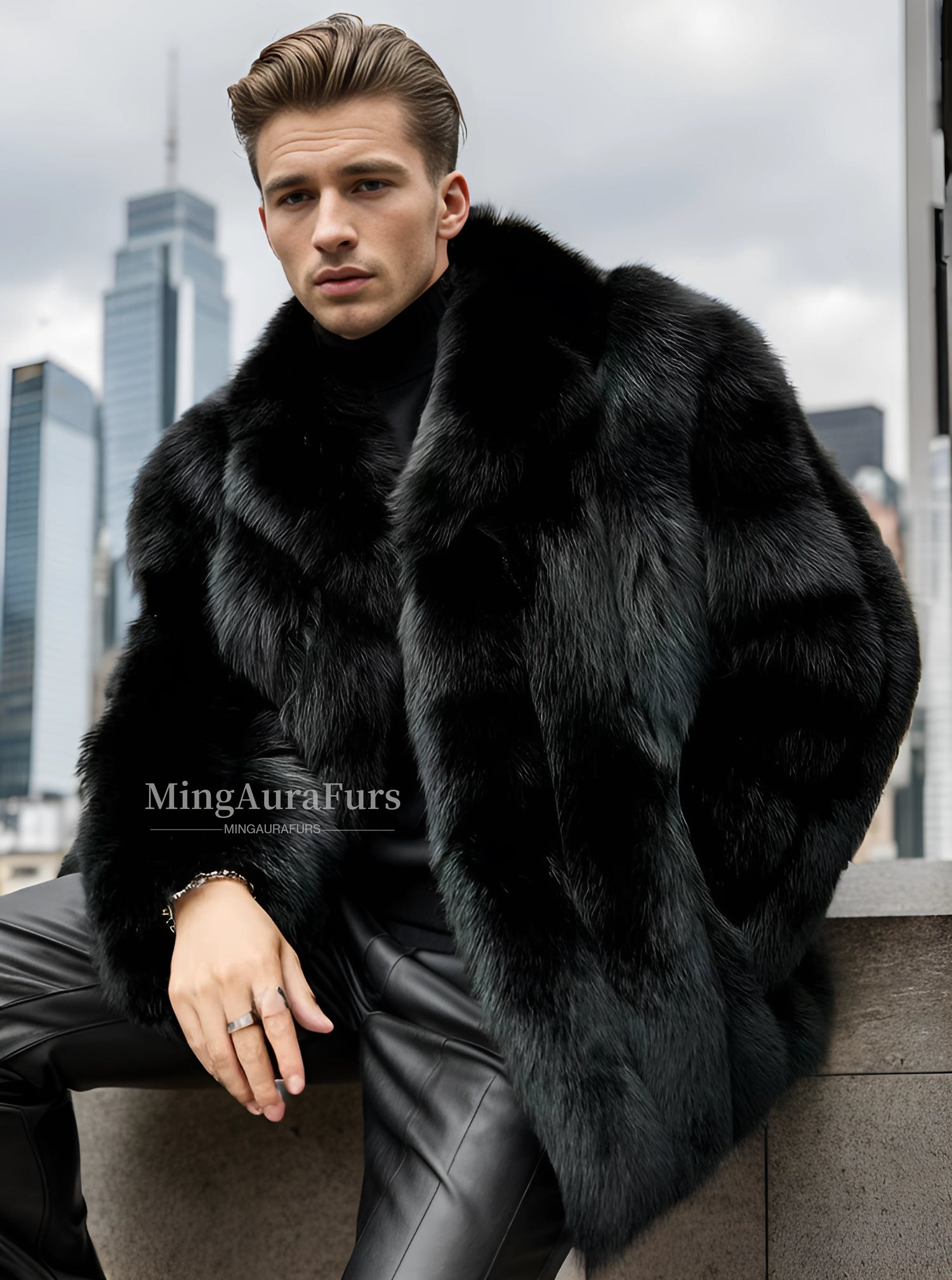 Men's black and blue real fox fur coat – M806, long winter design