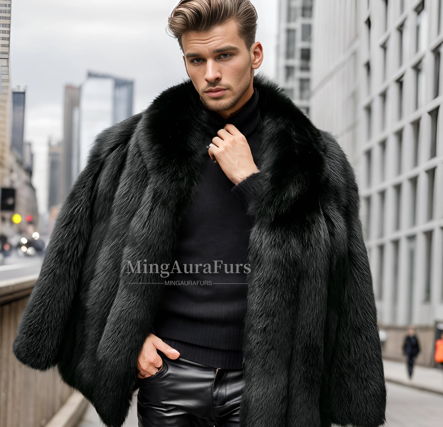 Winter look wearing black blue fox fur coat for men