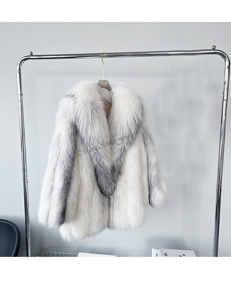 Front view of natural white-gray fox fur coat with long hair and fur collar