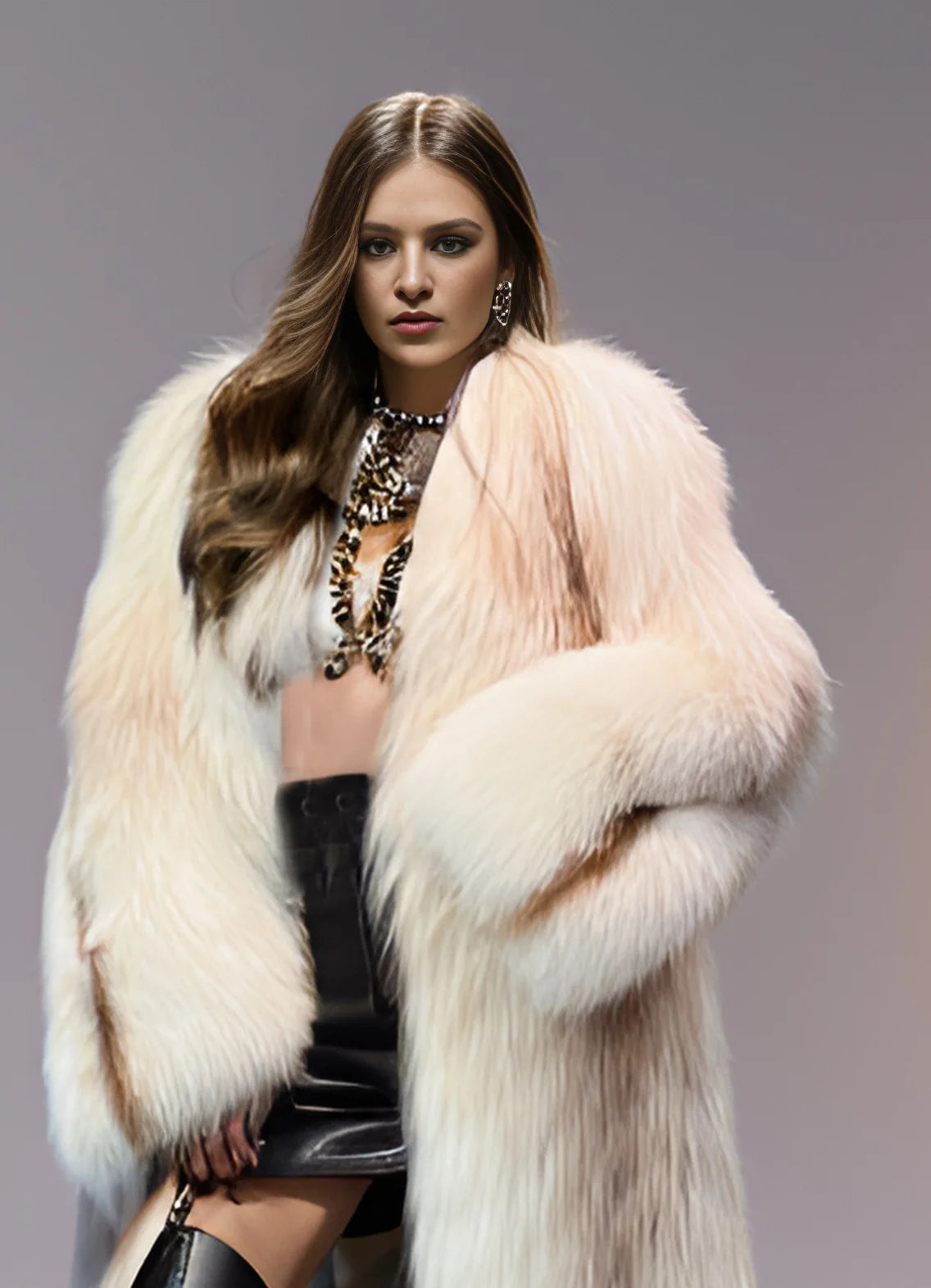 Close-up of oversized fox fur collar – sun gold color, soft and voluminous