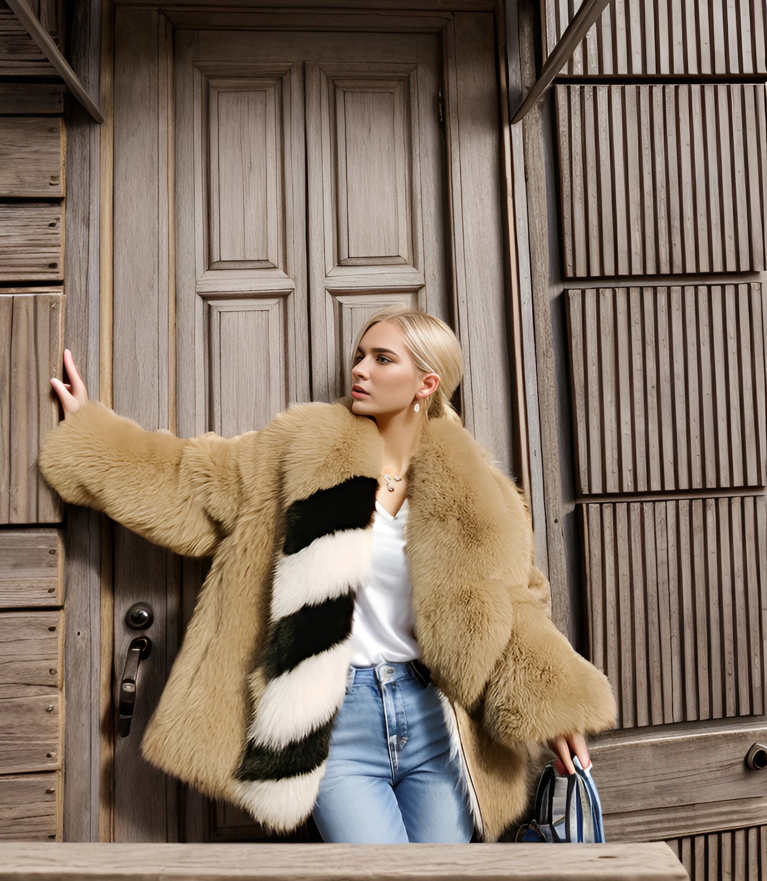 Winter fashion look featuring elegant white fox fur coat with oversized collar