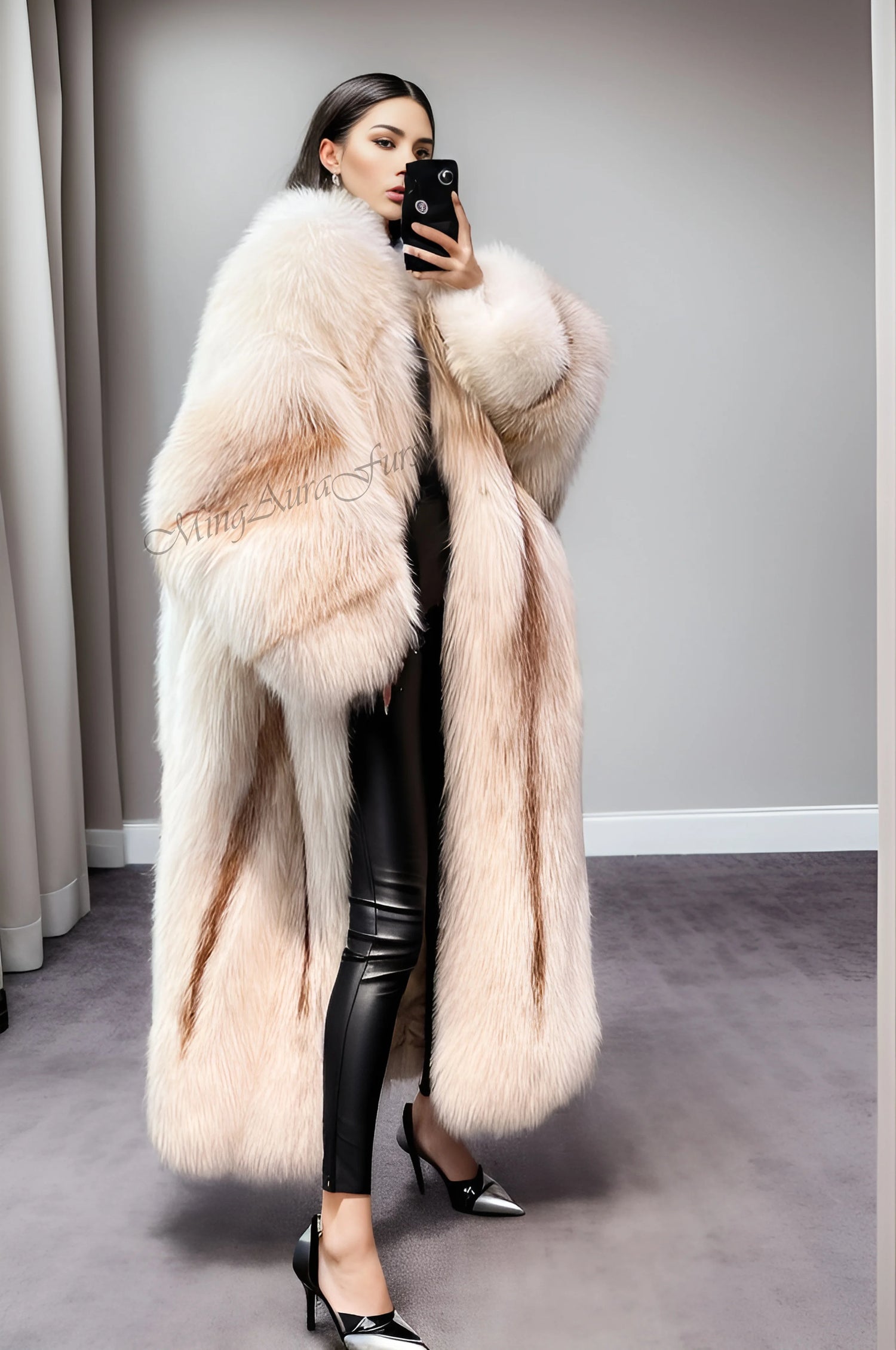 Front view of oversized sun gold fox fur coat with batwing loose sleeves and plush creamy texture