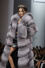 Women's sapphire frost fox fur coat with hood – G0048, luxury full-length