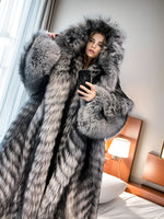 Women's full-length silver fox fur  material coat with oversized hood – G0035, thick and luxurious long-pile fur fatrial fur