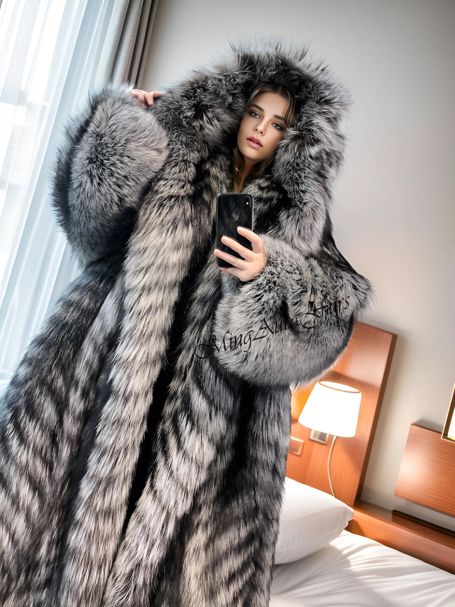 Women's full-length silver fox fur material coat with oversized hood – G0035, thick and luxurious long-pile fur fatrial fur