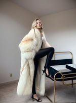Women's full-length fox fur material coat – G0033, creamy sun gold tone with oversized batwing sleeves and long-pile fur