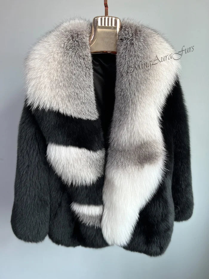 Front view of luxury black fox fur coat featuring a unique collar design