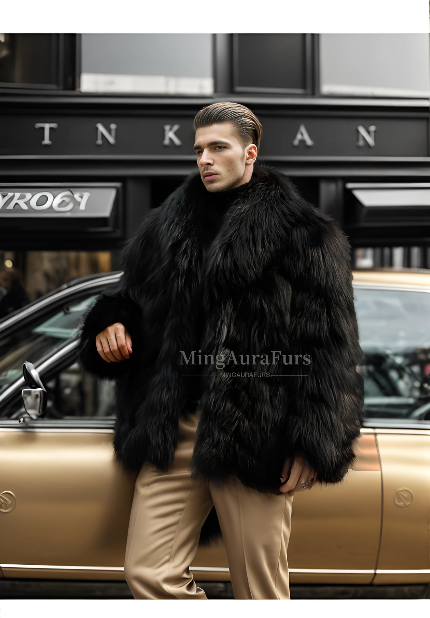 Front view of elegant black silver fox fur coat for men
