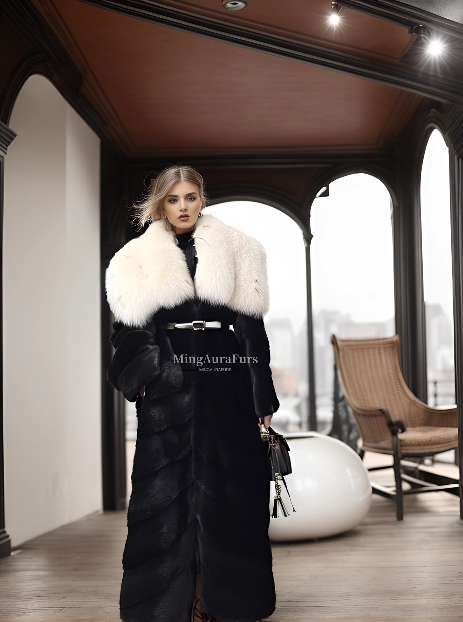 Winter fashion look in white mink and fox fur coat