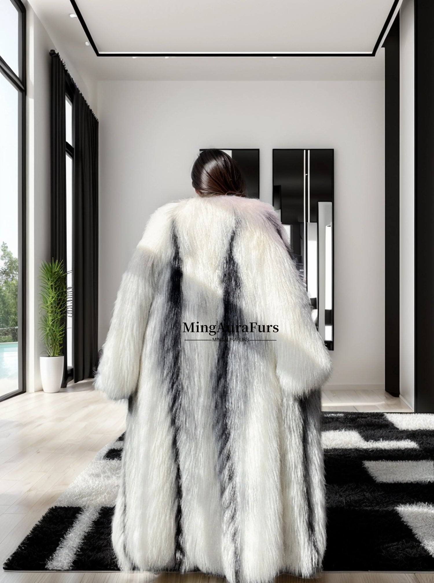 Back view of long real fox fur coat with flowing texture