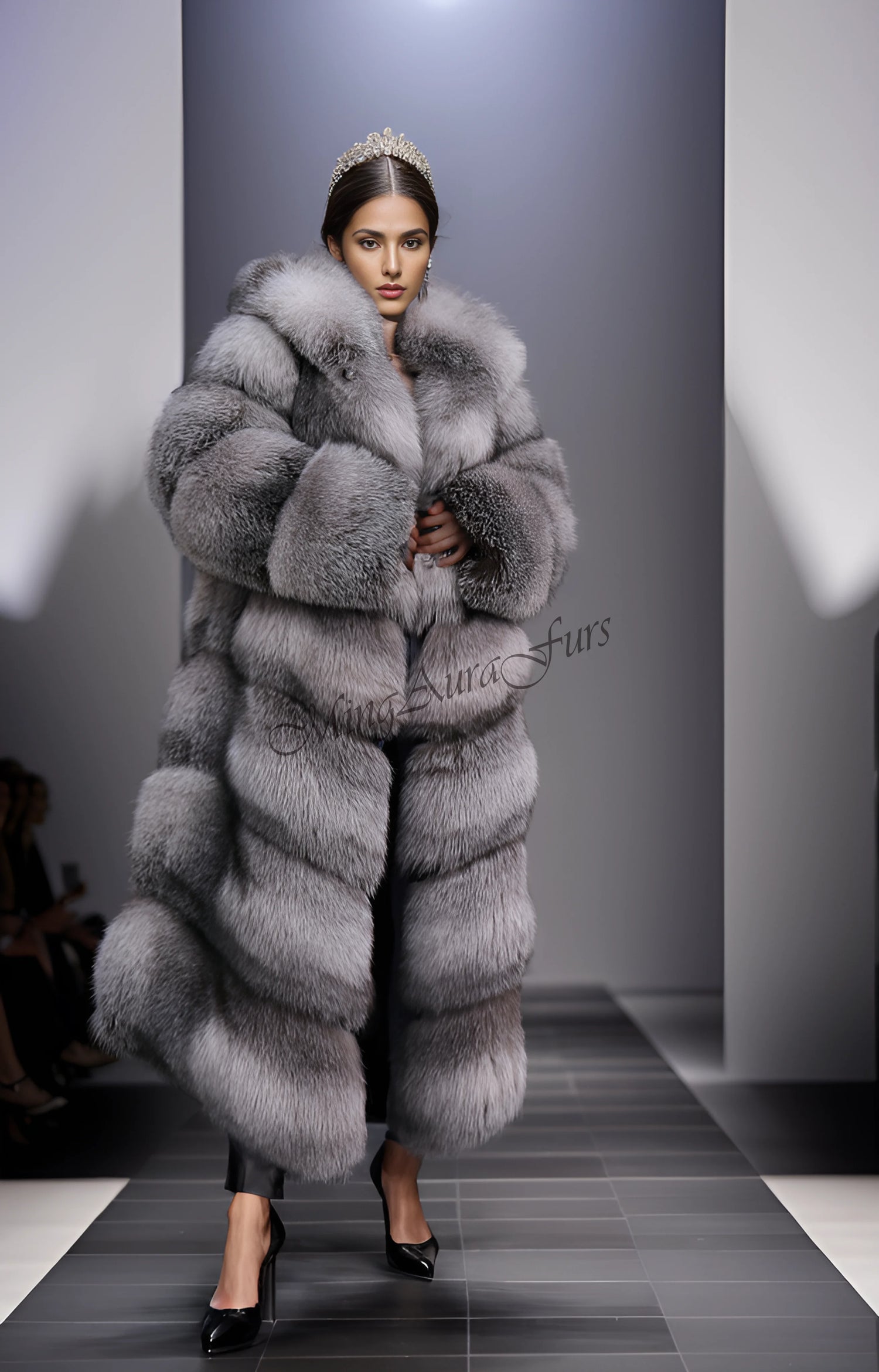 Front view of hooded fox fur coat for women in sapphire frost color