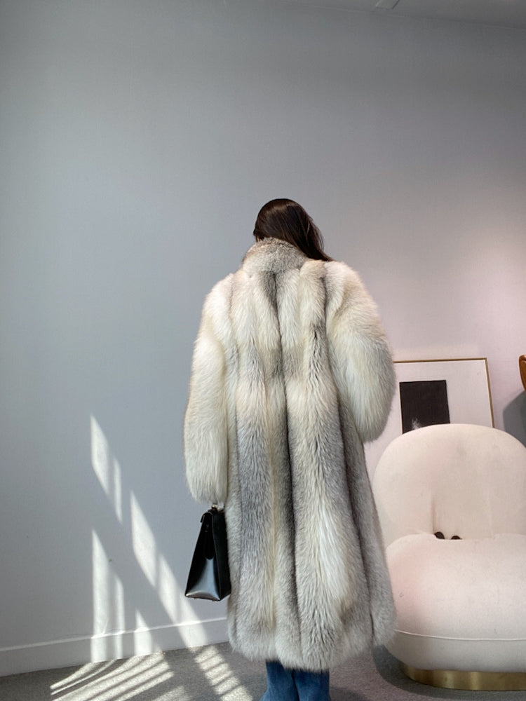 Women's Long Fox Fur Coat with Fur Collar - Fawn Light Fox
