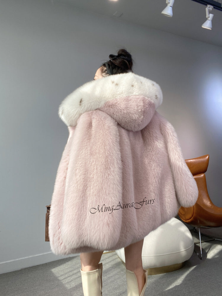 Pink Real Fox Fur Coat for Women with Fur Hood - White Fox - G006