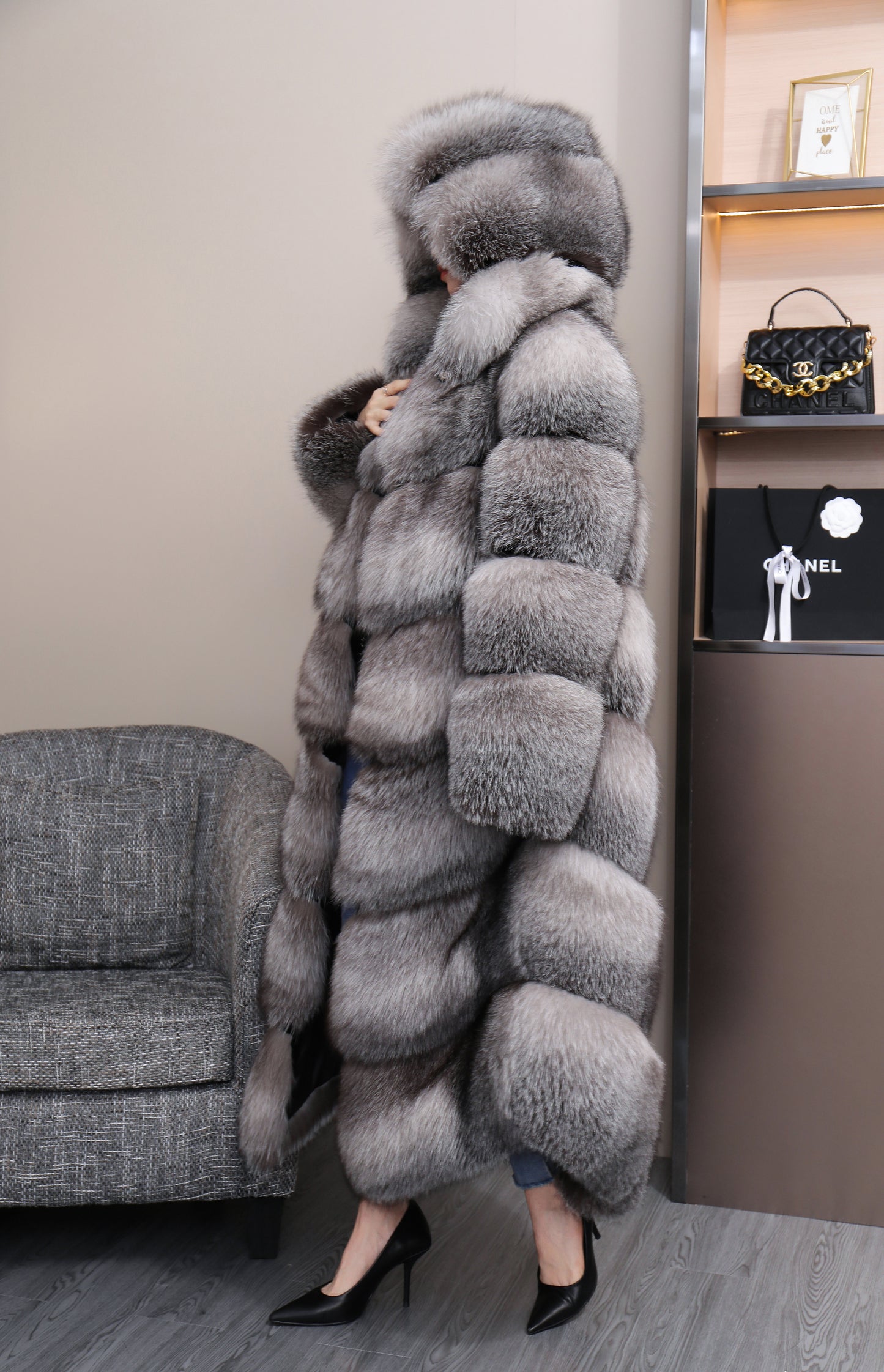 The Sapphire Frost Fox Fur Coat With Hood For  Women And Man's G0048