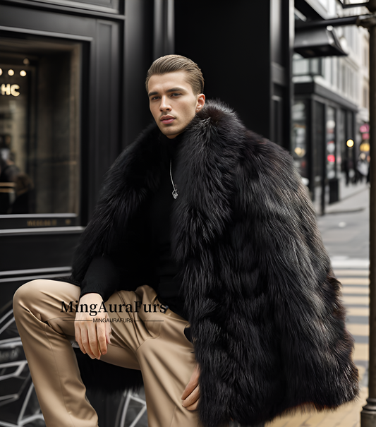 Refined Elegance: Men's Black Silver Fox Coat M816