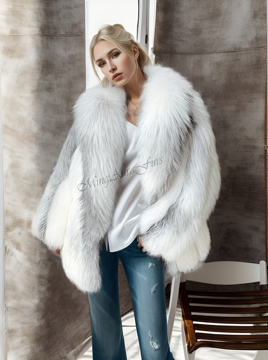 The Artic Marble Frost Fox Fur Coat With Collar G0016