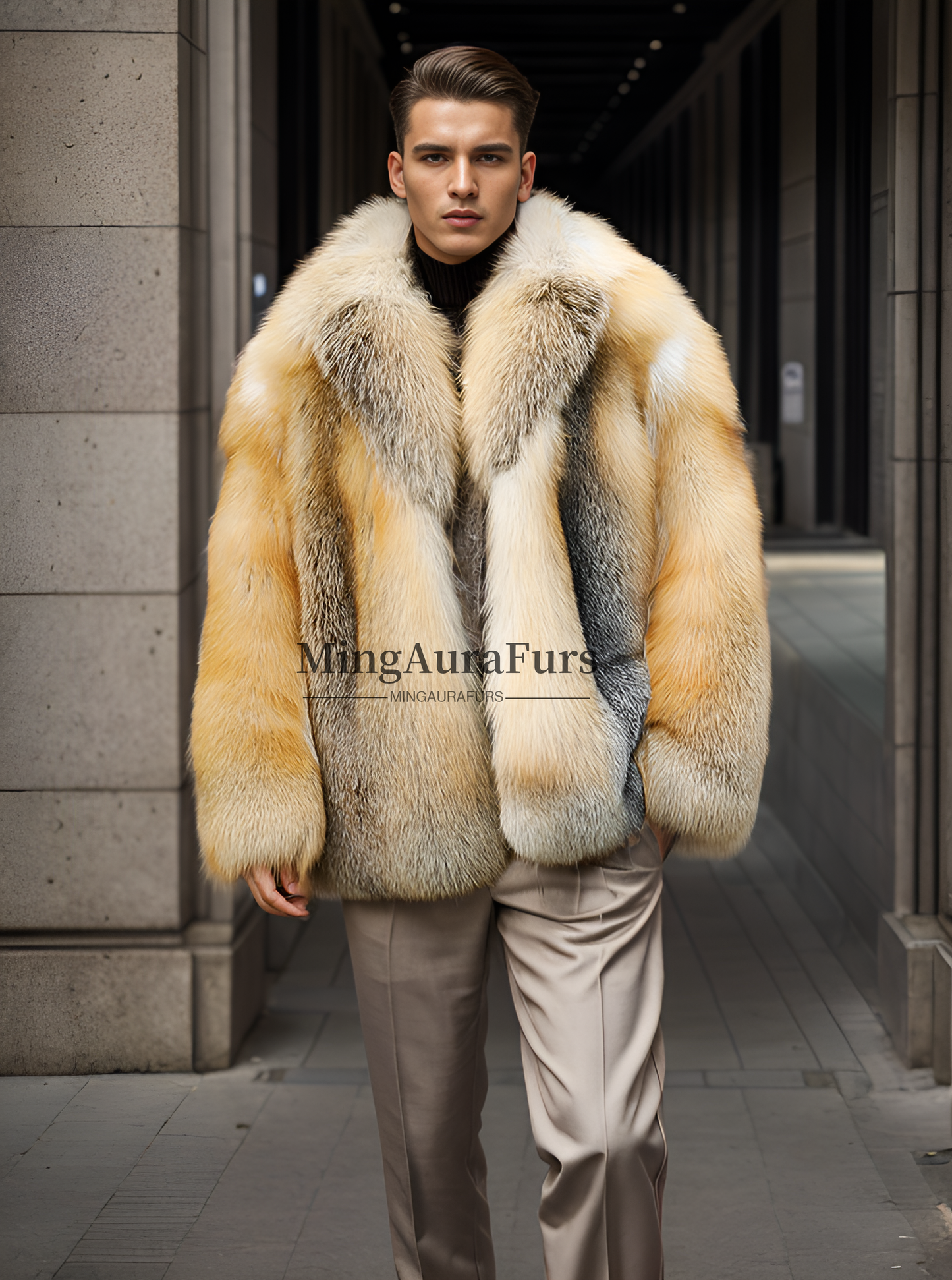 Exquisite Luxury: Men's Golden Fox Fur Coat M805