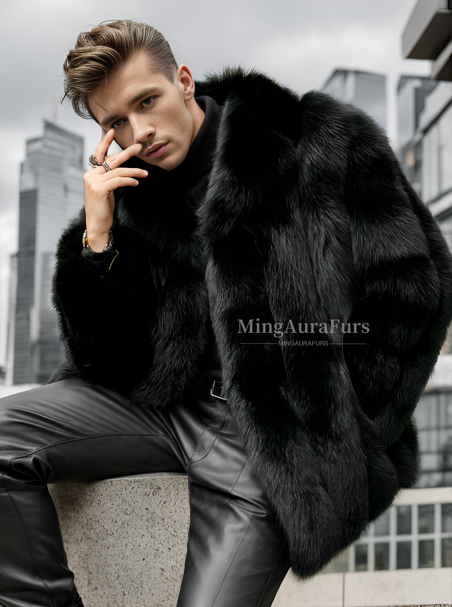 Sophisticated Men's Black Blue Fox Coat M806