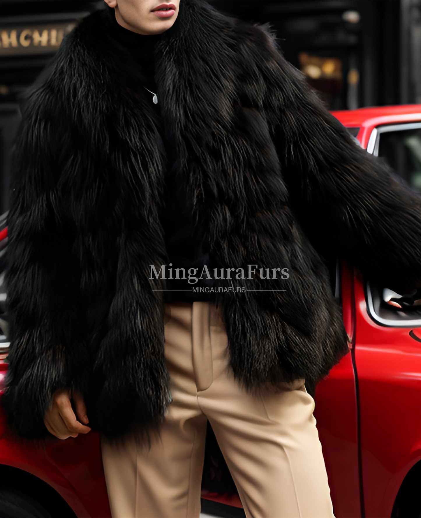 Refined Elegance: Men's Black Silver Fox Coat M816